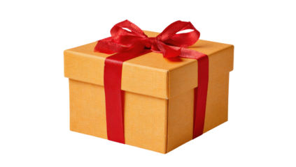 A square orange gift box tied with a vibrant red ribbon bow on a solid black background