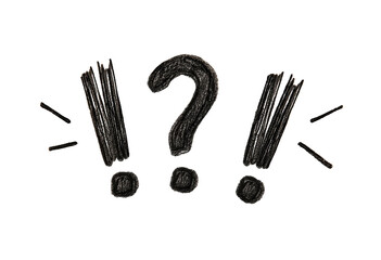 Charcoal-style depiction of an interrogation mark flanked by two exclamation marks on black