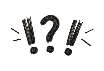 Charcoal-style depiction of an interrogation mark flanked by two exclamation marks on black