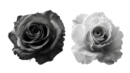 B&W roses side-by-side, one dark, one light, showcasing petal detail against a void