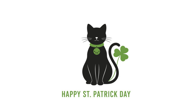 Black cat with green collar and shamrock celebrating st patrick's day on white background