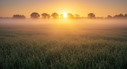 Brilliant sunrise illuminates a dense fog settling over a lush green field lined with trees