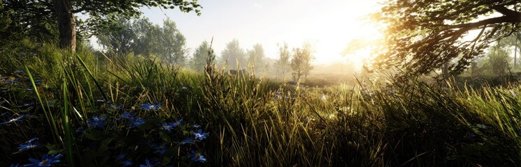 Sunlit Meadow - A Serene Landscape of Grass and Trees.