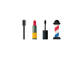 Pixelated graphic showing beauty items and a barber pole on a stark black backdrop