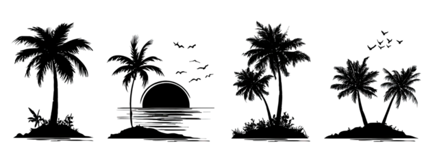A dark digital illustration depicting multiple stylized palm trees against a completely black background