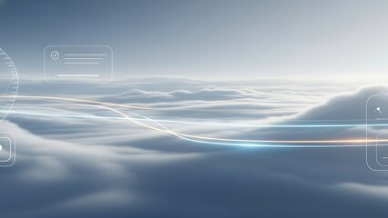 Abstract futuristic landscape with glowing lines over misty clouds.