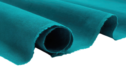 Close-up of rolled turquoise textile with frayed edge against a black background
