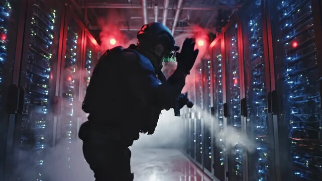 Man in tactical gear advancing through foggy server room during cyber infiltration. Swat operator with helmet and flashlight in neon-lit data center. Cinematic tracking shot footage of high-tech