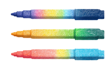Three colorful pencils, rainbow-colored, on black background, showcasing different hues