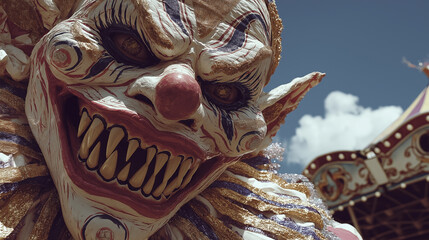 Creepy Carnival Clown: A menacing, close-up shot of a grotesque carnival clown with a sinister grin and unsettling gaze, set against the backdrop of a festive carnival scene.