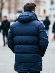Man wearing blue puffer jacket standing in urban street environment  