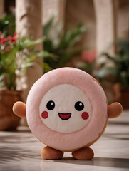 Cheerful Confectionery Mascot: A charming, huggable mascot shaped like a confectionery treat, radiating joy with a warm smile.