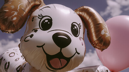 Joyful Air: A charming balloon in the shape of a happy puppy floats against the cheerful blue sky, complemented by a soft pink balloon, all captured in a moment of pure, lighthearted delight.