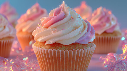 Sweet Delight Cupcakes: Delectable cupcakes adorned with swirls of pastel frosting, creating a feast for the eyes and a promise of sweet indulgence.