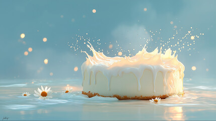 Cake splash: A pristine cake rests amidst a playful splash, its frosting glistening under the light, creating a dreamy and appetizing visual.