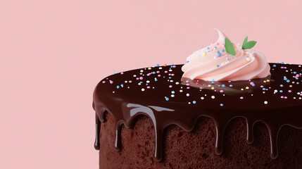 Sweet Chocolate Cake: A delectable chocolate cake, adorned with rich, flowing chocolate ganache and a delicate swirl of pink frosting, sits temptingly.