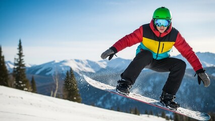 Young man snowboarding down snowy mountain slope on sunny day  