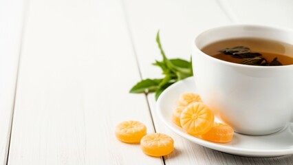 Close-up of throat lozenges and herbal tea in a ceramic cup on a white wooden table with copy space