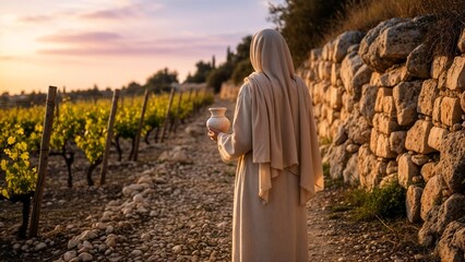 Woman in traditional attire carrying a jug walking through vineyard  