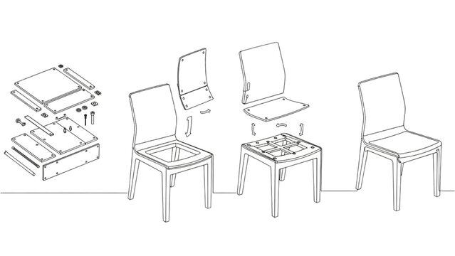 High-Quality Black Continuous Line Art of Step-by-Step Diagram Showing Flat-Pack Chair Assembly