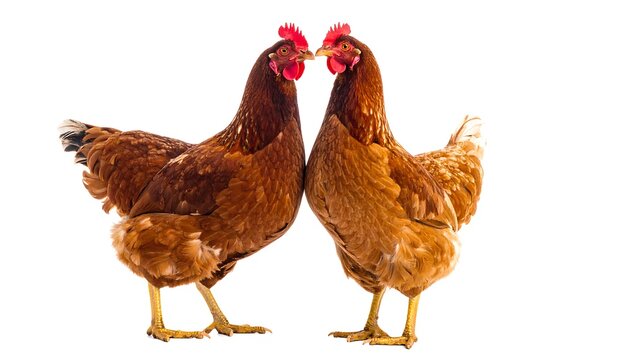 Two brown chickens stand facing each other on a white backdrop. They have red combs and waddles. Feathers are detailed