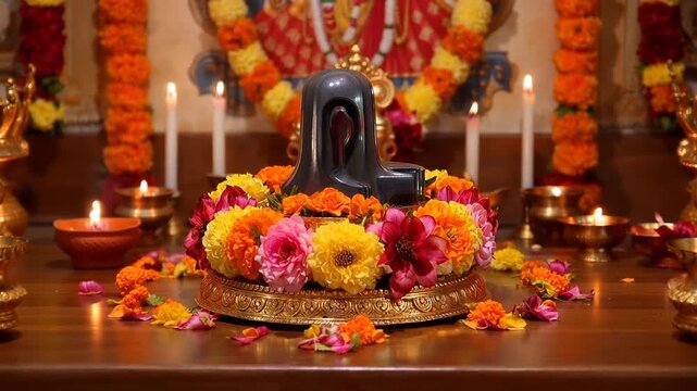 Shiva linga surrounded by flowers and candles in a temple setting