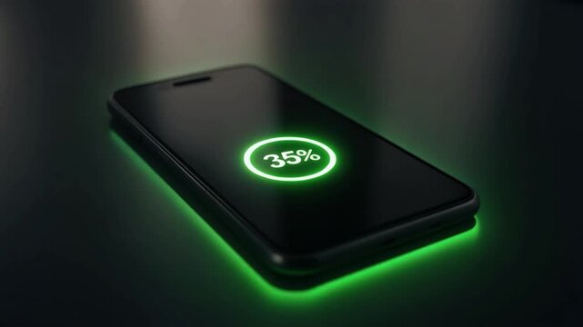 Smartphone lying flat on wireless charger in dark room, 35% battery charged green UI pop-up, 4K.