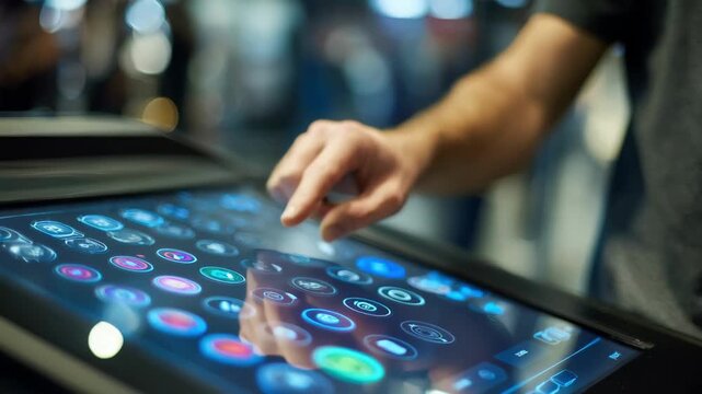 Medium shot of a user interacting with a sleek touchscreen HMI displaying vibrant icons enhancing usability and modern digital control.