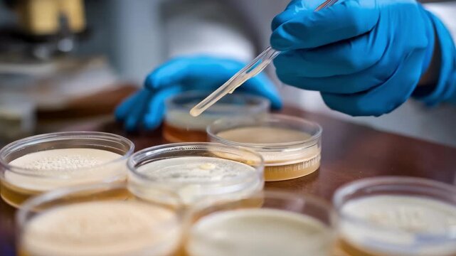 Closeup of researcher isolating amylase enzymes produced by fungi preparing samples to enhance starch breakdown for biofuel applications.