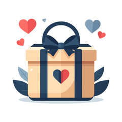 Charming Illustration of a Festive Gift Box with Hearts and Leaves