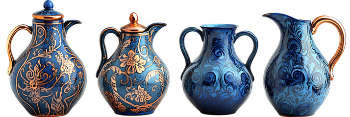 Four differently shaped blue jugs with gold floral patterns on white isolated on a transparent background
