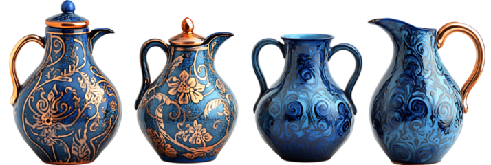 Four differently shaped blue jugs with gold floral patterns on white isolated on a transparent background