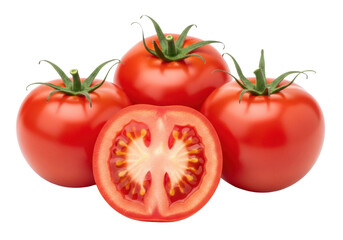Fototapeta premium Macro shot of four vibrant red ripe tomatoes, two whole with green stems, one half-sliced, one cross-section, on transparent background with soft shadows. Concept of fresh organic produce