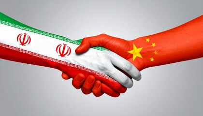 Handshake between Iran and China painted hands, dark background, symbolizing diplomatic partnership.