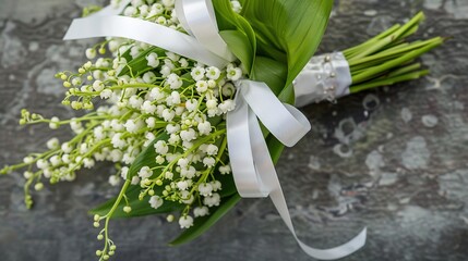 Obraz premium Elegant Lily of the Valley Bouquet with White Ribbon,A graceful bouquet of delicate lily of the valley flowers, elegantly tied with a white ribbon