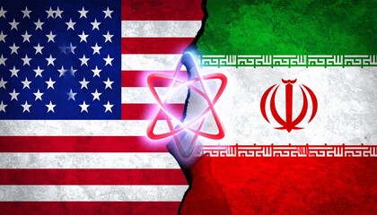Split US and Iran flags with jagged tear and glowing atomic symbol, dark background, nuclear tension.