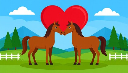 Two brown horses gently touch noses, set against a heart, fields, clouds, & mountains, a symbol of affection