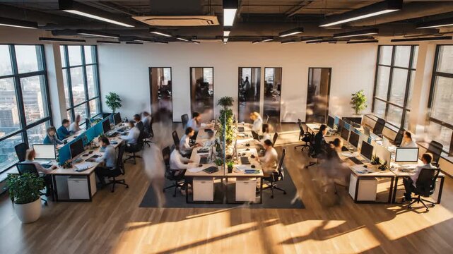 Timelapse of busy office workers collaborating in modern urban workspace. Professional team at desks with computers and plants. City view through windows showing business activity throughout the day.