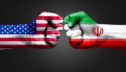 Two fists painted with US and Iran flags facing off, dark background, symbolic geopolitical conflict.