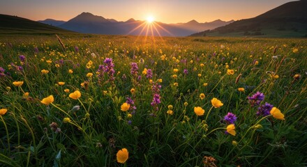 Vibrant wildflowers bloom across a sunlit meadow nestled among distant mountains