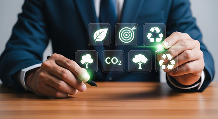 Person in blue suit selecting green recycling on digital interface with environmental symbols green recycling symbol