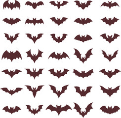 Collection of  Flat Bat Silhouettes. Halloween Icons, Spooky Wing Shapes, and Vampire Graphic Elements