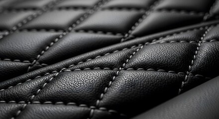 Obraz premium Macro shot of premium black leather upholstery featuring a sophisticated quilted diamond pattern and detailed white stitching for luxury interiors.