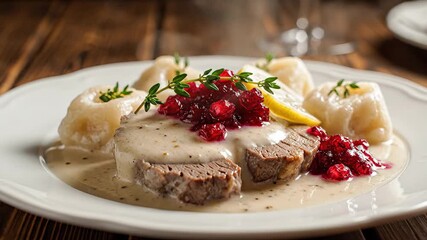 Exquisite gourmet pork loin dish meticulously plated with a rich creamy sauce vibrant pomegranate seeds a fresh lemon wedge and delicate potato dumplings showcasing professional culinary artistry and.