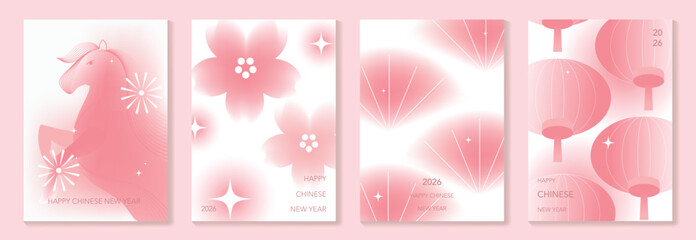 Fototapeta na wymiar Happy Chinese New Year 2026 Year of the Horse greeting card vector set with gradient red lanterns and zodiac horse illustration. Modern festive design for posters and invitations.