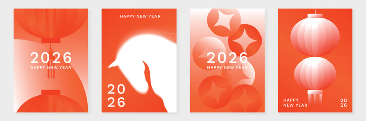 Obraz na płótnie Canvas Happy Chinese New Year 2026 Year of the Horse greeting card vector set with gradient red lanterns and zodiac horse illustration. Modern festive design for posters and invitations.