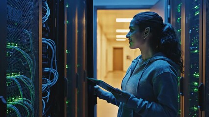 Woman in data center examining server panels. Tech professional in futuristic server room with green glows. Cinematic portrait of female engineer working on digital infrastructure. Video footage of - Powered by Adobe