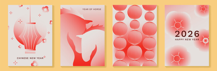 Happy Chinese New Year 2026 Year of the Horse greeting card vector set with gradient red lanterns and zodiac horse illustration. Modern festive design for posters and invitations. © TWINS DESIGN STUDIO