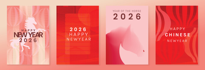 Happy Chinese New Year 2026 Year of the Horse greeting card vector set with gradient red lanterns and zodiac horse illustration. Modern festive design for posters and invitations. © TWINS DESIGN STUDIO
