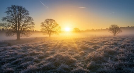 Brilliant morning sunlight breaks through heavy ground fog over a frosty field with scattered trees